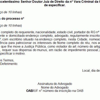 Exemplo de Petição Pedido de Dispensa Feito pelo Defensor 