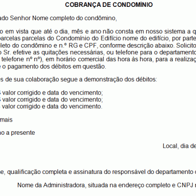 Exemplo de Petição Carta de Cobrança de Condomínio