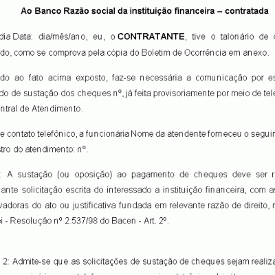 Modelo de Petição Pedido Sustação Cheques Roubado ao Banco 