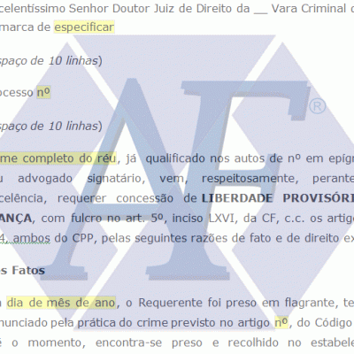 Exemplo de Petição Acusado pede Liberdade Provisória com 