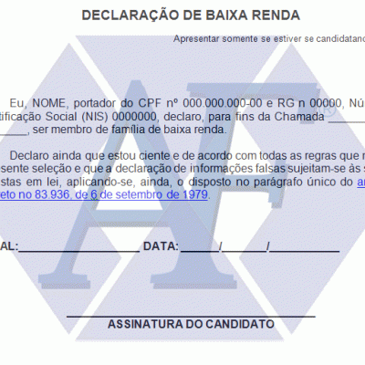 Exemplo de Declaração de Baixa Renda para Bolsa de Estudos 