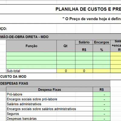 Modelo de Planilha de Formação de Preços Serviço Produto e seus Custos Despesas