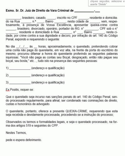 Referência Para Petição Queixa Crime Injúria Oferecimento - Modelo Gratuito